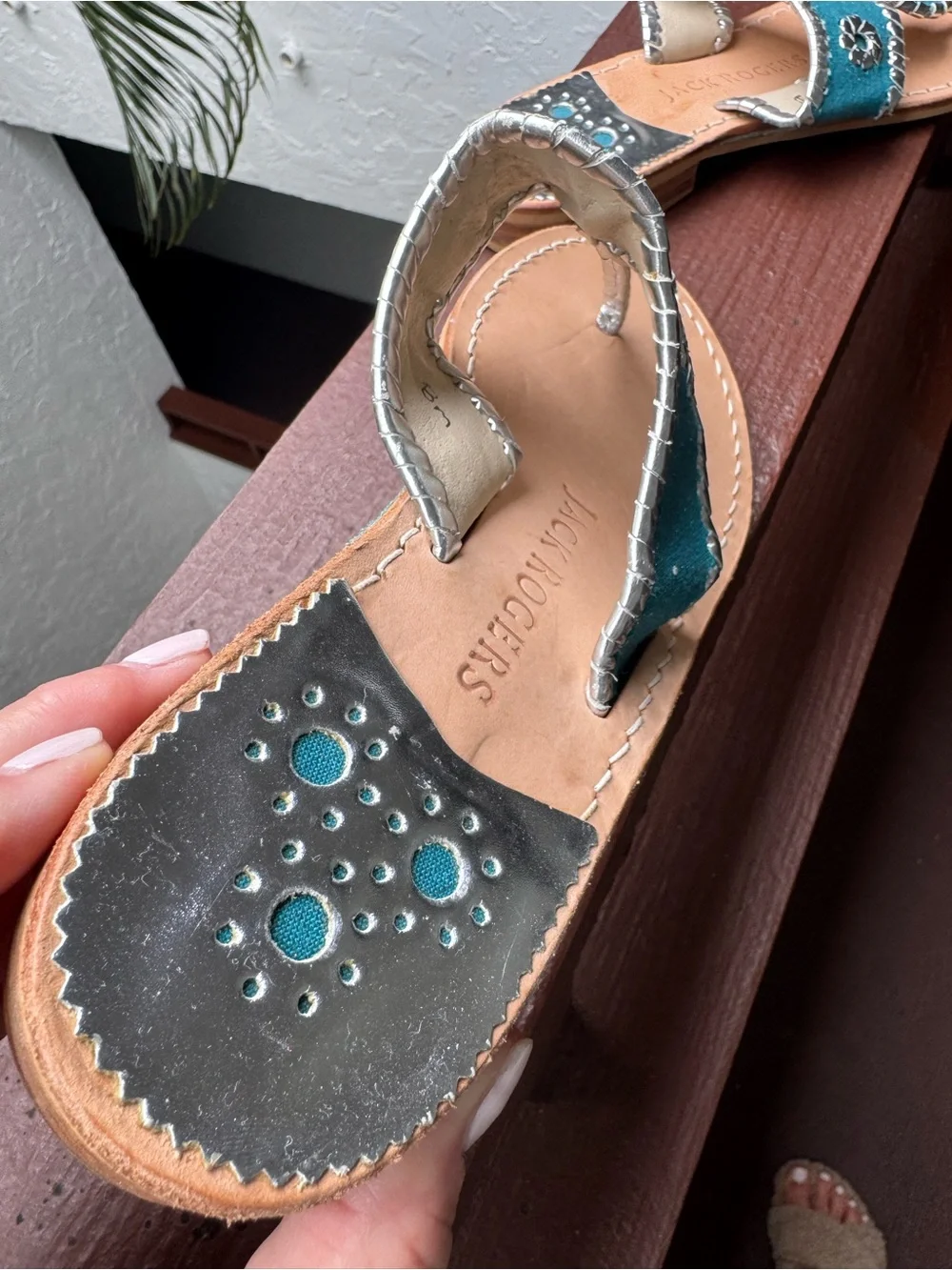 Jack Rogers Turquoise Leather Thong Sandals with Silver Accents